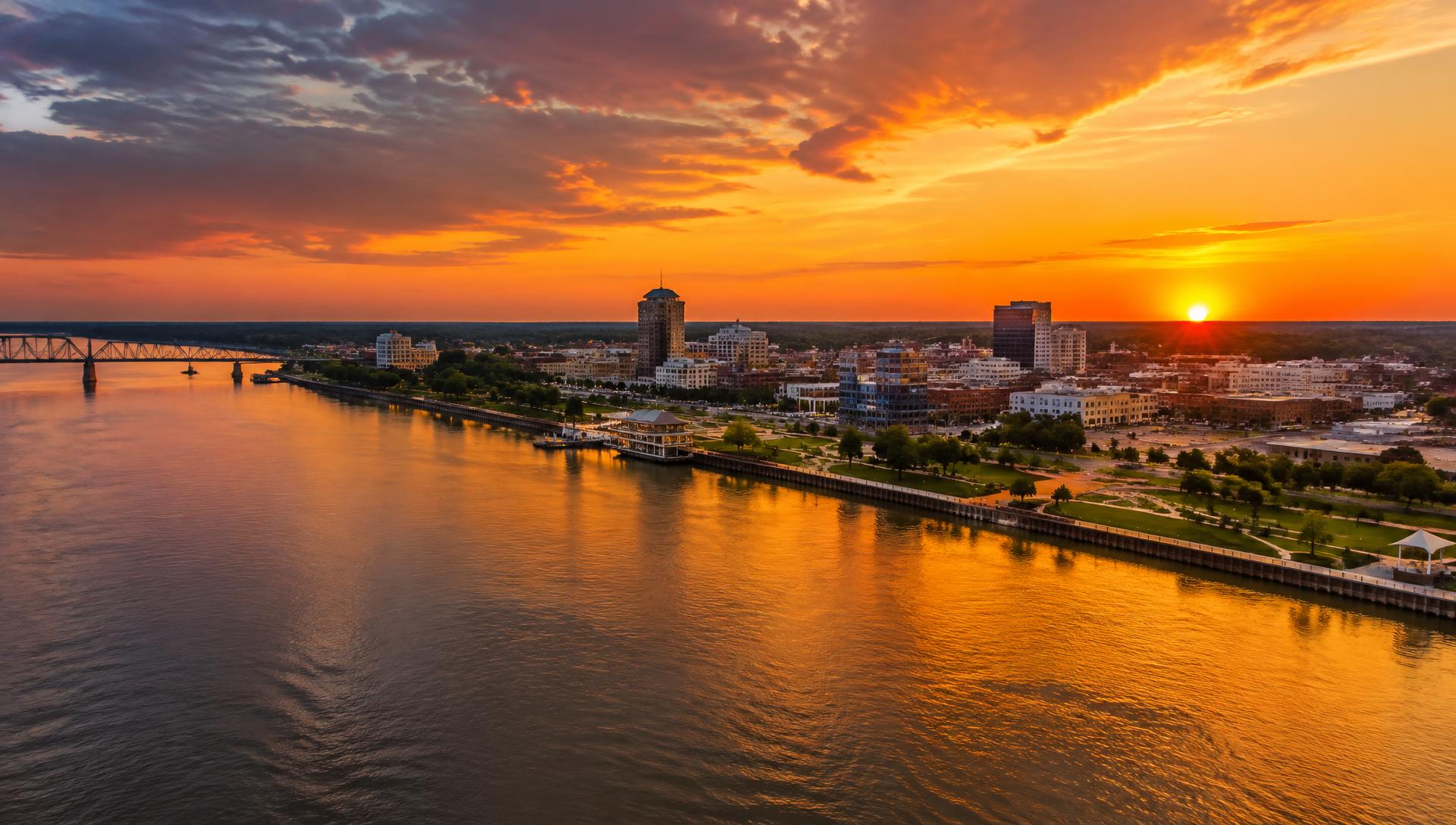Monroe, Louisiana riverfront at sunset
